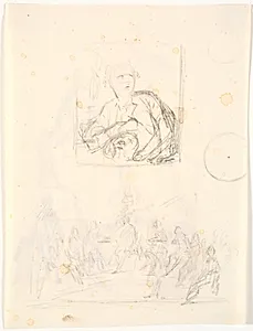To skitser. F.o. skitse til maleriet af Andreas Weidenhaupt, Kunstakademiet. F.n. en figurgruppe by C.A. Lorentzen