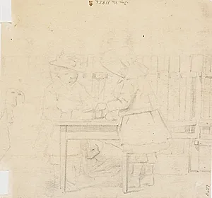 To små piger med mamelukker ved et bord i det fri by Hans Smidth