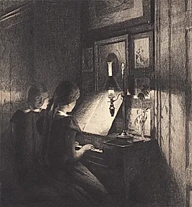 To småpiger ved et klaver by Peter Ilsted