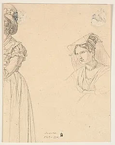 To studier af italienerinder, t.v. en stående kvinde (afskåret), t.h. brystbillede af kvinde med hovedtørklæde by Jørgen V. Sonne
