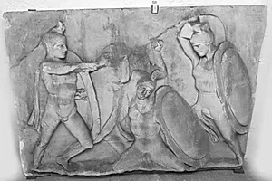 To to-figursgrupper med tvekamp. Th. knæler den ene by Ubekendt