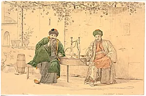 To tyrkere ryger vandpibe uden for café Nicolao i Athen by Martinus Rørbye