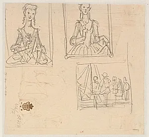To udkast til Doretheas portræt og en figurscene by Wilhelm Marstrand