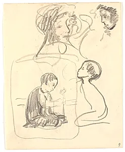 To udkast til "Dreng, der planter" ("Hoppat"), foroven to kvindehoveder by Isakson, Karl