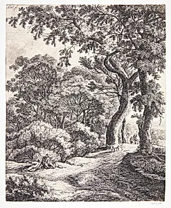 To vejfarende, der gør holdt i en skov by Anthonie Waterloo