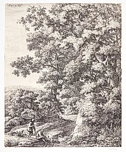 To vejfarende med hund, der gør holdt ved en bæk by Anthonie Waterloo