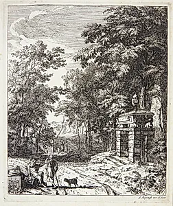 To vejfarende ved et gravmonument by Albert Meyering