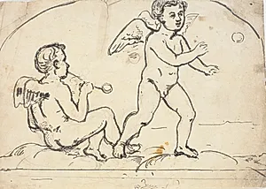 To vingede genier blæser sæbebobler by Dankvart Dreyer