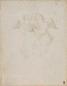 To vingede putti, en kvindelig og en mandlig, holder sammen om en løvbærende gren. Den mandlige putto har et pilekogger hængende ved hoften by Hans Baldung Grien