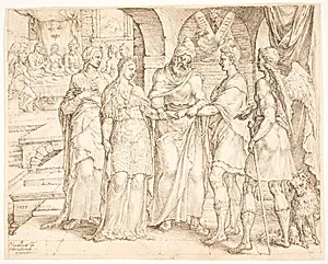 Tobias' formæling med Sara, Raquel's og Edna's datter by Maarten van Heemskerck