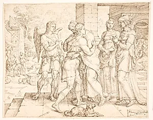 Tobias modtager Raguel i Ekbatana by Maarten van Heemskerck