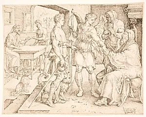 Tobias og Azarja (dæknavn for ærkenglen Rafael) tager afsked med Tobit by Maarten van Heemskerck