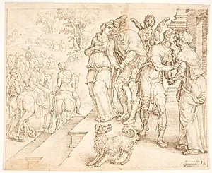 Tobias og Sara tager afsked med Raguel og Edna by Maarten van Heemskerck