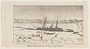 Tomastet skib liggende i en rende i et tilfrosset hav ("Usnîásasoralutik umiarssuaK sikumut usingiarätuarât") by Lars Møller