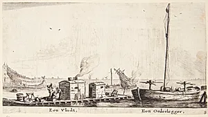 Tømmerflåde og en båd med ankerspil (en onderlegger) by Reinier Zeeman