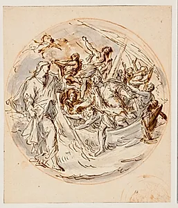 Tondo med Kristus, der byder Petrus at gå på bølgerne. Udkast til en cirkulær komposition by Angelo de' Rossi