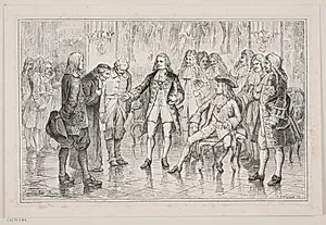 Tordenskjold fremstilles den skånske præst for Frederik IV by H.P. Hansen