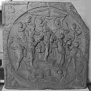Tosidet relief. Hovedmotiv: (forside) Mithras på jagt med bue, pil og hunde. (bagside) Tronende solgud med en perser på højre hånd og sommerens gudinde på venstre by Ubekendt