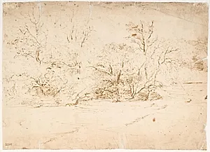 Træbevoksede skrænter, ved bredden af en sø by Dankvart Dreyer