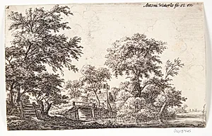 Træbro ved et hus by Anthonie Waterloo