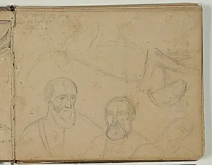 Tre ansigtsskitser og skitse af "løvinde". Notat by Niels Larsen Stevns