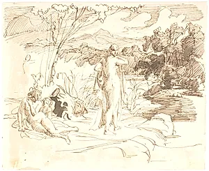 Tre badende kvinder ved en sø by Lorenz Frølich