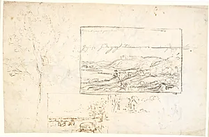 Tre billedudkast. 1: til billede fra Brandsø. 2.: Jysk landskab. 3: Kirke omgivet af træer by Dankvart Dreyer