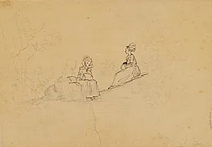 Tre damer med muffer på en skråning i det fri, bag dem antydet en fjerde figur med barn på armen by Jens Juel