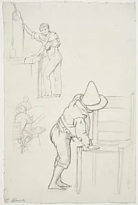 Tre figurstudier: En ung mand ved en hejsebrønd, to mænd ved et bord og en lille dreng ved en stol by Ditlev Blunck