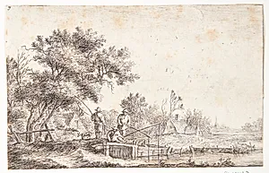 Tre fiskere på en lille bro by Anthonie Waterloo