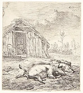 Tre grise liggende ved en svinesti by Karel Du Jardin