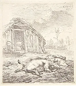 Tre grise liggende ved en svinesti by Karel Du Jardin