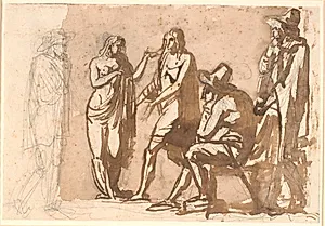 Tre herrer i 1600-tals dragter betragter et ungt klassisk par by Nicolai Abildgaard