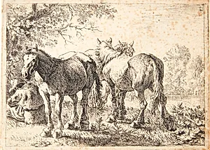 Tre heste og en siddende rygvendt mand by Pieter van Laer
