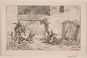 Tre hunde foran en stalddør by Lorenz Frølich