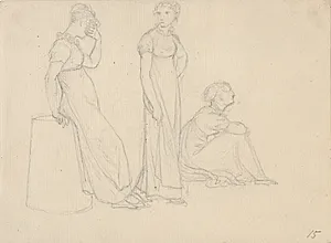 Tre kvindefigurer, de to stående, den tredje siddende på hug. by C.W. Eckersberg
