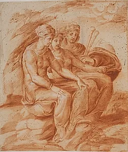 Tre kvinder, den ene med en dobbeltfløjte, siddende i et landskab by Pirro Ligorio