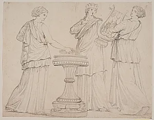 Tre kvinder i græske gevandter ved et alter. Kvinden t.v. med en tavle (?), i midten med en krone, t.h. med en lyre (terpsichore?) by Jacques François Joseph Saly