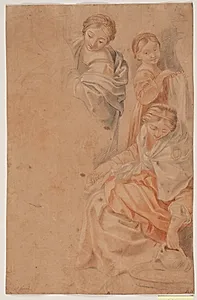 Tre kvindeskikkelser. Studie efter Guido Renis freske i Cappella dell' Annunciazione, Palazzo Quirinale, Rom. (Marias fødsel, højre side) by Hendrik Krock