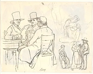 Tre mænd, den ene præst, i samtale ved et cafébord, siddende kvinde med barn, kvinde og tyk mand by Wilhelm Marstrand