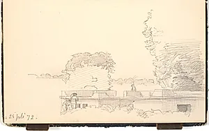 Tre mænd der murer på en bygning. I baggrunden træer by P.C. Skovgaard