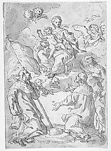 Tre mandlige helgener med Madonna med barn i skyerne omgivet af engle by Sebastiano Conca