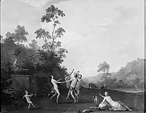 Tre nymfer danser med satyr by Roelant Savery