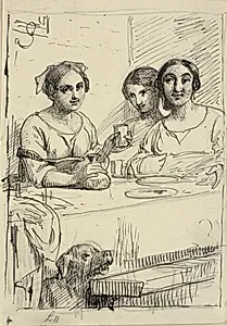 Tre piger ved et bord, under bordet en hund by Wilhelm Marstrand