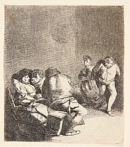 Tre siddende personer og et dansende par by Cornelis Pietersz Bega