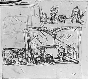 Tre skitser af figurer i et landskab samt løs landskabsskitse by Emile Othon Friesz