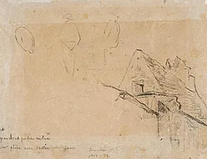 Tre skitser af stående mand set bagfra, og f.n. et hus med højt tag by Paul Gauguin