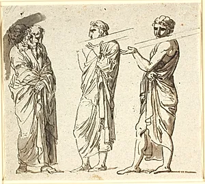 Tre stående mænd, de to yngre hver bærende en planke på skulderen, den tredje ældre i en eftertænksom stilling by Nicolai Abildgaard