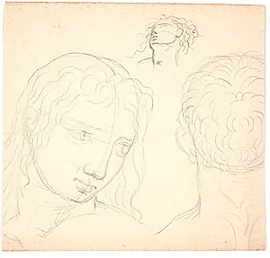 Tre studier af drejede ansigter. Et kvindeansigt i trekvart profil t.h. Et mandehoved set bagfra. Et mindre mandehoved set skråt nedefra by Nicolai Abildgaard