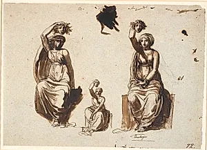 Tre studier til en allegorisk siddende kvindefigur med et løftet Medusahoved i højre hånd by Nicolai Abildgaard